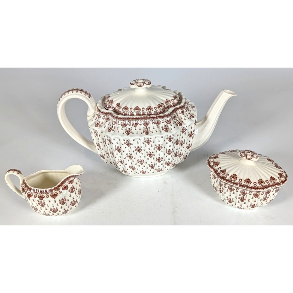 Spode Fleur de Lys Red Tea Pot - Sugar Pot - Creamer Set Bone China Fluted